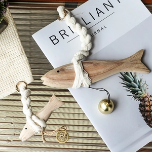 Wooden Fish Hanging Ornament Natural Log Carved Wall Decor With Cotton Rope And Metal Bell For Zen Home Decoration