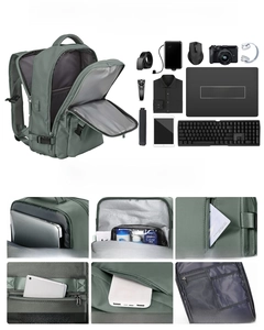 Vistas detalladas de los compartimentos de una mochila de viaje verde