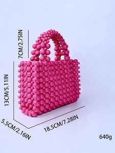 Handmade rose red acrylic pearl beaded handbag with size specs and 18.5cm length