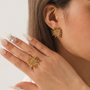 Sun Stud Earrings And Open Ring Stainless Steel With Rhinestones Gold Plated Elegant Jewelry For Women