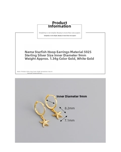 Detailed view of S925 sterling silver starfish hoop earring in golden plating