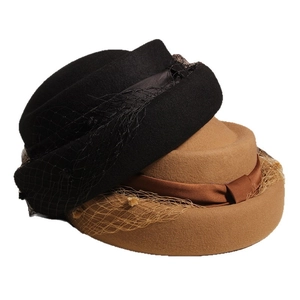 French wool beret with veil and bow in black and camel colors for women