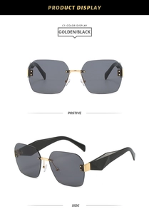 Detail of square rimless sunglasses with grey lenses and geometric golden temples