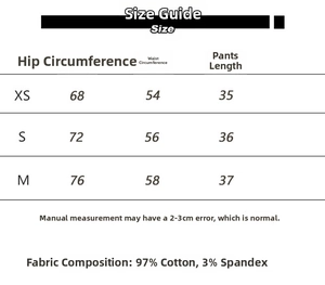 Size chart for high-waist fitness shorts showing waist, hip, and length measurements