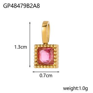 Detailed view of square pink zircon pendant with gold beaded edges and size measurements
