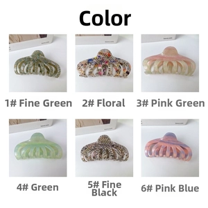 Macro display of large acetate claw clips in six colorful patterns for thick hair styling
