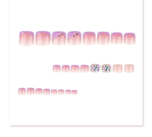 Macro shot of 24pcs purple French toe nails with 3D flowers and silver rhinestones