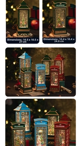Detailed view of Christmas telephone booth lantern with swirling glitter and size specs