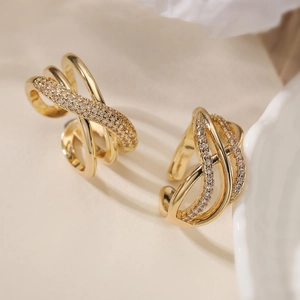 Hollow Geometric Open Ring Copper Zircon Gold Plated Multi Layer Cross Line Fashion Jewelry For Women