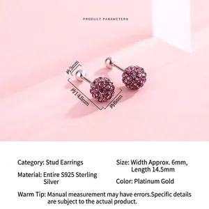 Sparkling S925 sterling silver ball stud earring with purple pave crystals in 6mm size