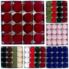 Detail of 101pcs Christmas ball set with matte and velvet finishes in a storage box