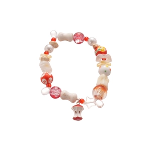 Ceramic crystal beaded bracelet with apple and cherry pendant in sweet vintage style
