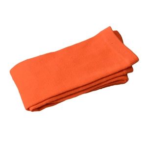 Close-up of bright orange ribbed knit socks folded neatly on a clean white background