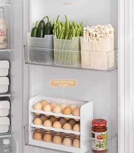 Three-tier flipping egg holder and translucent vegetable bins for fridge door storage