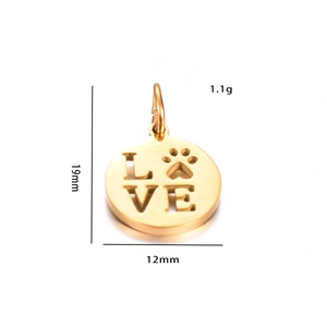 Detailed size specifications for gold stainless steel LOVE dog paw pendant, 12x19mm