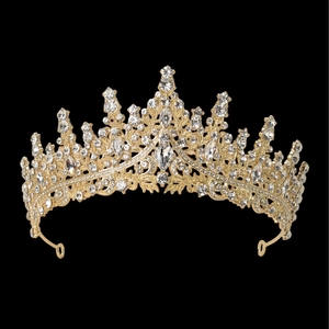 Elegant gold princess crown tiara for girls with sparkling crystals on black background