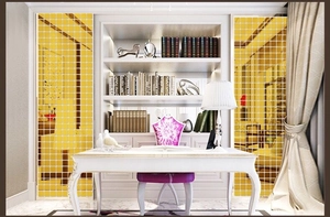 Detail of self-adhesive gold square mosaic mirror wall stickers in a modern home office