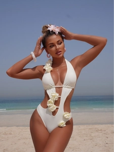 One Piece Swimsuit Halter Deep V Cutout With 3D Flower Appliques Faux Artificial Pearl Beads Sexy Beach Vacation Women Monokini