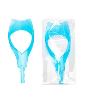 Blue plastic eyelash applicator tool for makeup beginners in clear poly bag packaging