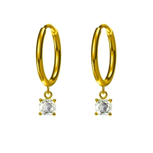 Elegant gold hoop earrings featuring hanging round white zircon stones on white background