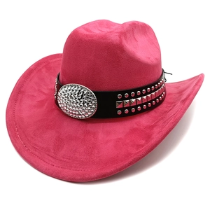 Detail of rose pink suede cowboy hat with studded black band and crystal rhinestone buckle