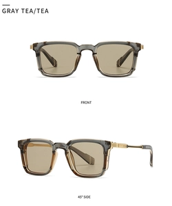 Front and 45-degree side views of retro square sunglasses with gray tea resin frames
