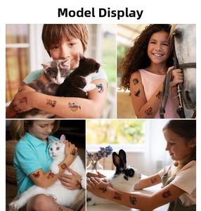 Detailed close-up of colorful waterproof animal temporary tattoos on children's skin