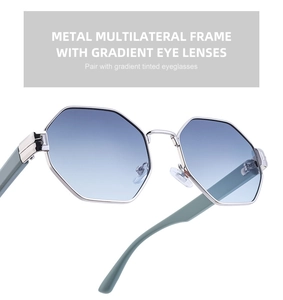 Detail view of stylish polygonal metal frame sunglasses with blue gradient lenses