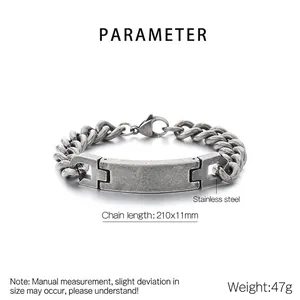 Unisex stainless steel curb chain bracelet with blank rectangular bar plate