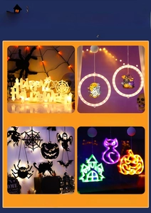 Detailed views of LED Halloween window lights including Happy Halloween signs and skulls