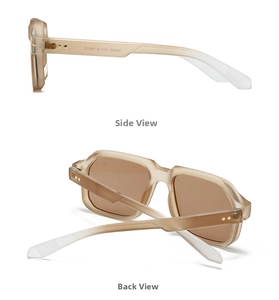 Detail of amber resin sunglasses frame with golden rivets and model number engraving