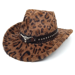 Detail of plush leopard print cowboy hat featuring a leather strap with silver studs and bull head