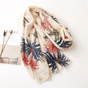 Floral cotton linen scarf in beige with large red and blue flower prints and fringe