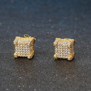 Hip hop style gold square stud earrings for men with micro-paved sparkling cubic zirconia