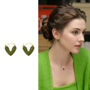 V Shape Heart Hoop Earrings Gold Plated Copper Enamel Dripping Oil Sweet Small Fresh Jewelry For Women