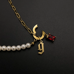Gold-plated stainless steel necklace with faux pearls and initial 'g' pendant for DIY jewelry