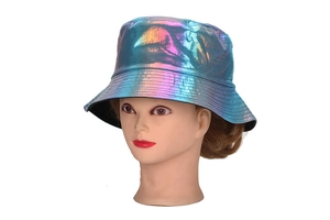 Detail showing the iridescent laser texture and stitching on the reflective bucket hat