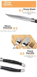 Macro view of mirror polished stainless steel knife with sharp serrated edges and black handle