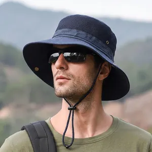 Men's navy blue wide brim fishing hat with breathable mesh and adjustable chin strap