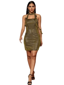 Mini robe dos nu sexy doré olive métallisé avec rose 3D et coupe ajustée élégante