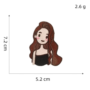 Detail of cartoon girl embroidery patch with 7.2cm height and 2.6g weight dimensions