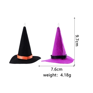 Detail showing dimensions of purple and black felt witch hat earrings for Halloween