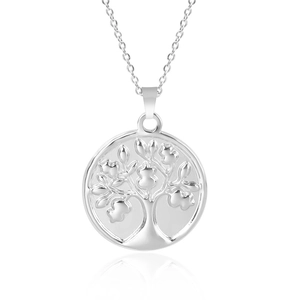 Detailed view of a silver Tree of Life circular pendant on a delicate chain necklace