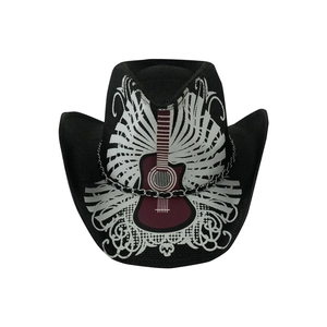 Black woven cowboy hat featuring red guitar graphic and metallic chain accessory