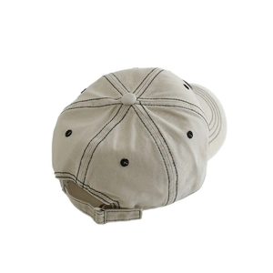 Beige washed denim baseball cap with KING embroidery and adjustable metal buckle
