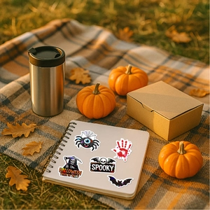 Spooky Halloween stickers with ghost and pumpkin icons on a notebook cover