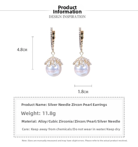 Detailed view of pearl zircon drop earrings with dimensions of 4.8cm height and 1.8cm width