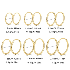 Size chart showing six pairs of gold hoop earrings with diameters and weight details