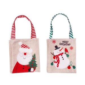 Christmas burlap gift bags set with Santa and Snowman prints and striped handles