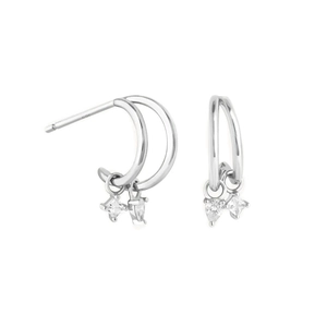 Minimalist S925 sterling silver double hoop earrings with sparkling zircon pendants